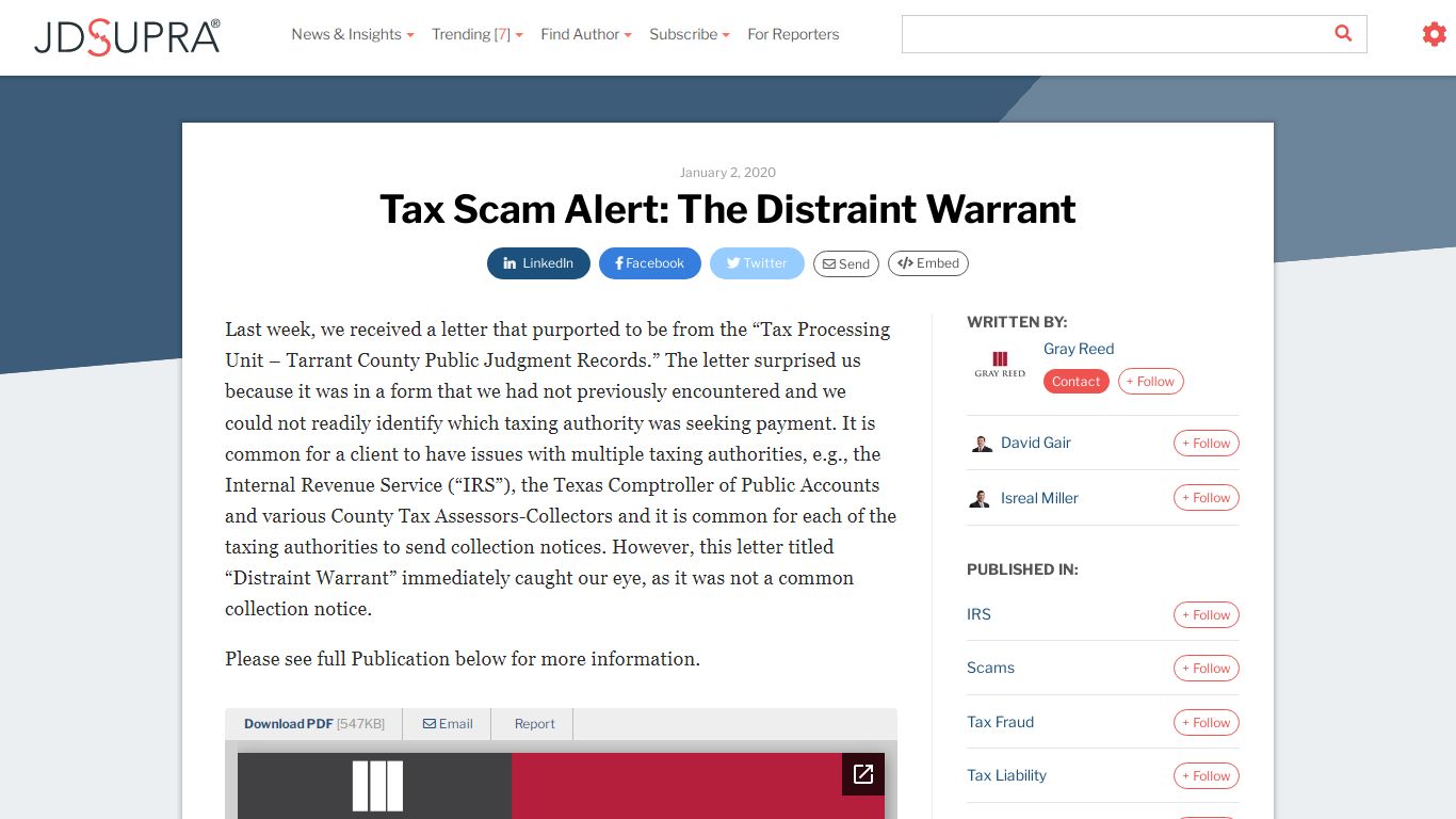 Tax Scam Alert: The Distraint Warrant | Gray Reed - JDSupra